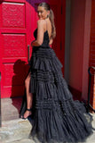Sexy A Line V-neck Black Tulle Multi-Tiered Long Prom Dress HZ1023