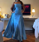 Strapless Blue A Line Satin Long Prom Dress Formal Party Dress HZ1023