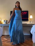 Strapless Blue A Line Satin Long Prom Dress Formal Party Dress HZ1023
