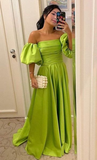 Sexy Off Shoulder Puff Sleeves Prom Dress,Satin Long Formal Evening Dresses HZ1023