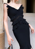 Sexy Black Mermaid Spaghetti Strap Layered Chiffon Formal Gown Evening Dress HZ1023
