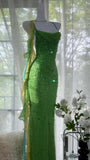 Shiny Sheath Spaghetti Strap Sequin Beaded Green Chiffon Open Back Party Dress Evening Dress HZ1023