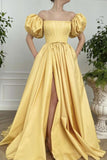 Yellow satin long prom dress yellow evening dress HZ1023