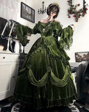 Green Exquisite Ball Gown Off the Shoulder Velvet Long Party Dress Prom Dress HZ1023