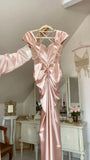 Stunning Sheath Off the Shoulder Pearl Pink Lace Satin Prom Dress Wedding Guest Dress HZ1023