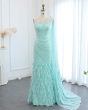 Luxurious Sheath One Shoulder Beaded Feather Long Prom Dress Evening Dress HZ1023
