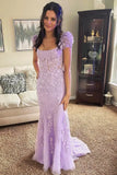 Ivory Square Neck Puff Sleeves Appliques Tulle Long Prom Dress HZ1023