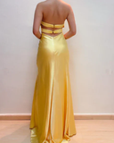 Vintage Mermaid Halter Beaded Yellow Chiffon Satin Evening Dress Party Dress HZ1023