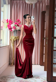 Burgundy Mermaid Velvet Open Back Long Prom Dress Wedding Guest Dress HZ1023