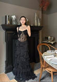 Sexy Black Sheath Straps Lace Chiffon Long Prom Dress Evening Dress HZ1023