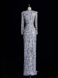 Stunning Sheath V Neck Long Sleeve Sliver Sequin Prom Dress Graduation Prom Dress HZ1023