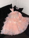 3D Floral Ball Gown Strapless Feather Sequin Tulle Prom Dress Party Dress HZ1023