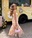 Pretty Mermaid Spaghetti Strap Print Floral Satin Prom Dress Outfits HZ1023