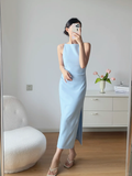 Baby Blue Sheath Round Neck Satin Prom Dress Evening Dress Party Dress HZ1023