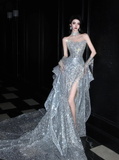 Silver Sequin Shiny Ball Gown Strapless Long Sweep Prom Dress Evening Dress Party Dress HZ1023