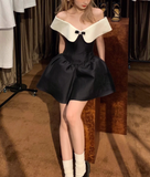Stunning A Line Off the Shoulder White Black Satin Short Homecoming Dress Birthday Dress HZ1023
