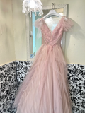 Classic Pink A Line V Neck Beaded Tulle Long Party Dress Prom Dress Formal Dress HZ1023