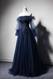 Navy Blue Tulle Lace Beading Off-shoulder Formal Evening Dresses Prom Dresses HZ1023