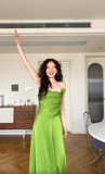 Simple Green A Line Halter Satin Prom Dress Wedding Guest Dress HZ1023
