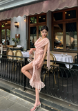 Flowy Pink Sheath Beaded Ruffle Chiffon Homecoming Dress Date Dress with Slit HZ1023