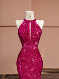 Barbie Pink Mermaid Halter Sequin Open Back Long Prom Dress Party Dress HZ1023