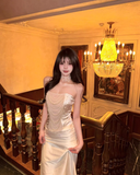 Two Piece Mermaid Strapless Pearl Satin Long Prom Dress Evening Dress HZ1023