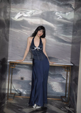Navy Blue A Line Halter Bow Satin Open Back Prom Dress Evening Dress HZ1023