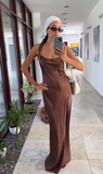 Simple Brown A Line Spaghetti Strap Satin Open Back Prom Dress Wedding Guest Dress HZ1023