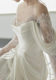 Gentle White A Line Long Sleeve Sequin Lace Satin Evening Dress Party Dress Wedding Dress HZ1023