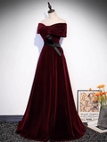 Burgundy Off The Shoulder Velvet Long Prom Dress HZ1023