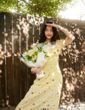 Cute A Line Puff Print Floral Lace Yellow Chiffon Summer Dress Party Dress Outfits HZ1023