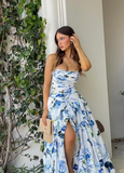 Blue A Line Strapless Print Floral Satin Long Prom Dress Evening Dress with Slit HZ1023