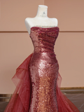 Shiny Mermaid Strapless Red Sequin Tulle Long Prom Dress Party Dress HZ1023