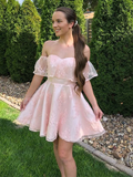 Off Shoulder Short Pink Lace Graduation Homecoming Dresses ,Prom Dresses HZ1023