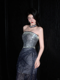 Shiny Grey A Line Strapless Rhinestone Tulle Long Prom Dress Party Dress HZ1023