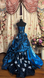 Exquisite Blue Ball Gown Spaghetti Strap Floral Satin Long Prom Dress Evening Dress HZ1023