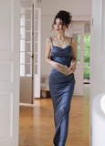Simple Navy Blue Mermaid Spaghetti Strap Satin Open Back Long Evening Dress Gown Dress HZ1023