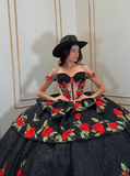 Sexy Red Flower Ball Gown Off the Shoulder Black Tulle Sweet 16 Dress Party Gowns Quinceanera Dresses HZ1023