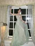 Stunning Green A Line Sweetheart Neck Corset Sequin Tulle Prom Dress Evening Dress HZ1023