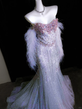 Exquisite Beaded Silver Sequin Mermaid Feather Tulle Date Dress Evening Dress Prom Dress HZ1023
