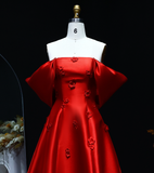 Elegant A Line Off the Shoulder 3D Flower Red Satin Prom Dress Evening Dress HZ1023