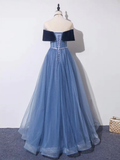 Off Shoulder Tulle Gray Blue Long Prom Dress, Blue Formal Dress HZ1023