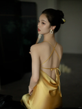 Simple Yellow A Line Spaghetti Strap Satin Open Back Prom Dress Evening Dress HZ1023