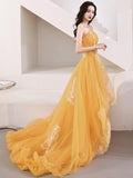 Yellow Unique High Low Tulle with Lace Prom Dress, Yellow Formal Dress Evening Dress HZ1023