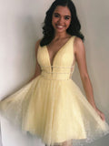 Yellow v neck tulle beads short prom dress yellow homecoming dress HZ1023