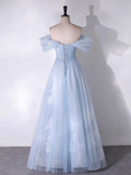A Line Off the Shoulder Beading Appliques Blue Tulle Long Prom Dress Evening Dress HZ1023