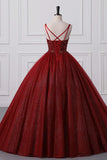 Burgundy A Line Spaghetti Strap Beaded Sequins Tulle Prom Dresses HZ1023