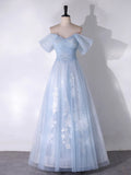 A Line Off the Shoulder Beading Appliques Blue Tulle Long Prom Dress Evening Dress HZ1023