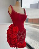 Stunning Sheath Straps Beaded Red Satin Tulle Short Homecoming Dress Cocktail Dress HZ1023