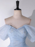 A Line Off the Shoulder Beading Appliques Blue Tulle Long Prom Dress Evening Dress HZ1023